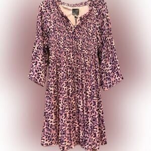 NWT Ninety Clothing Co Romantic Leopard Print Boho Dress Pink Purple, size M